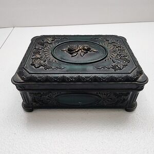 Vintage Ornate Mid Century Floral Embrossed Green Rose Embrossed Hard Plastic